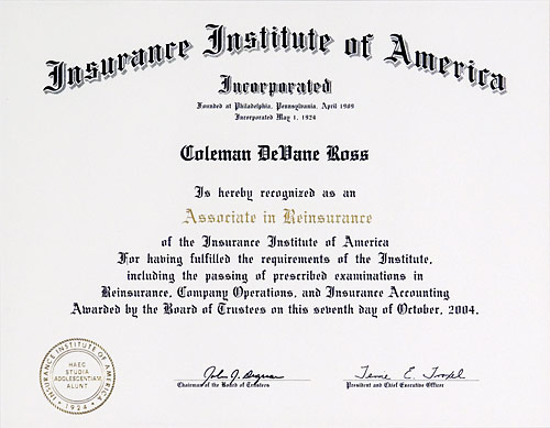 Associate in Reinsurance certificate